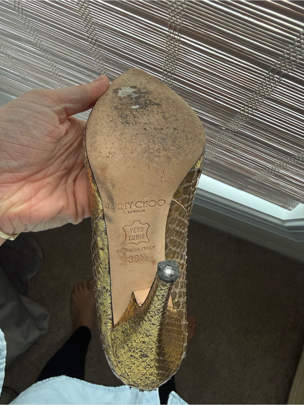 Jimmy Choo Gold Textured Pointed-Toe Pumps - Picture 7 of 11